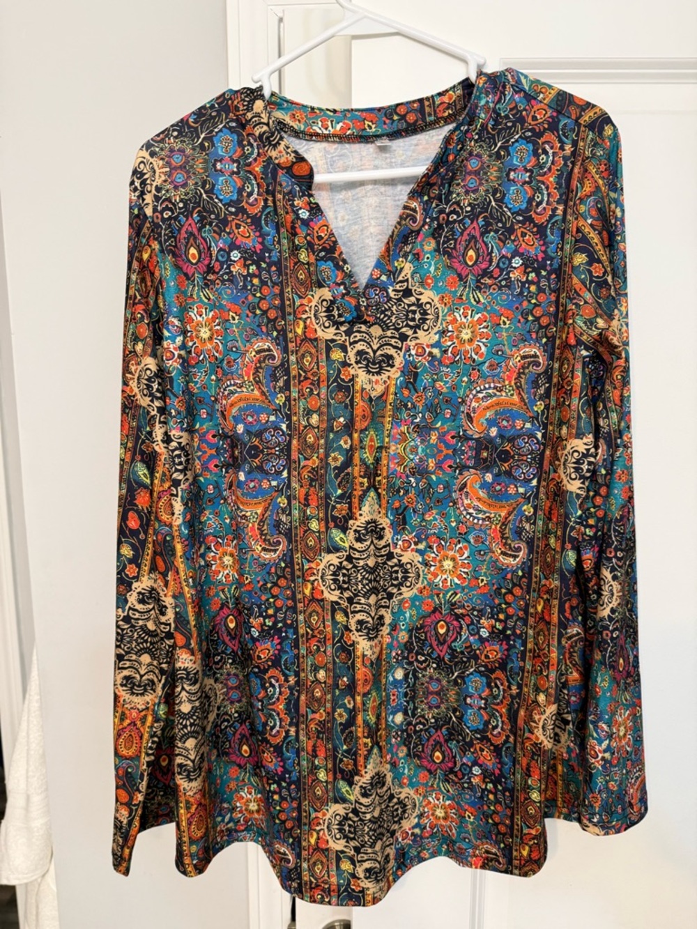 Paisley Print V-Neck Long Sleeve Top in Teal Multi